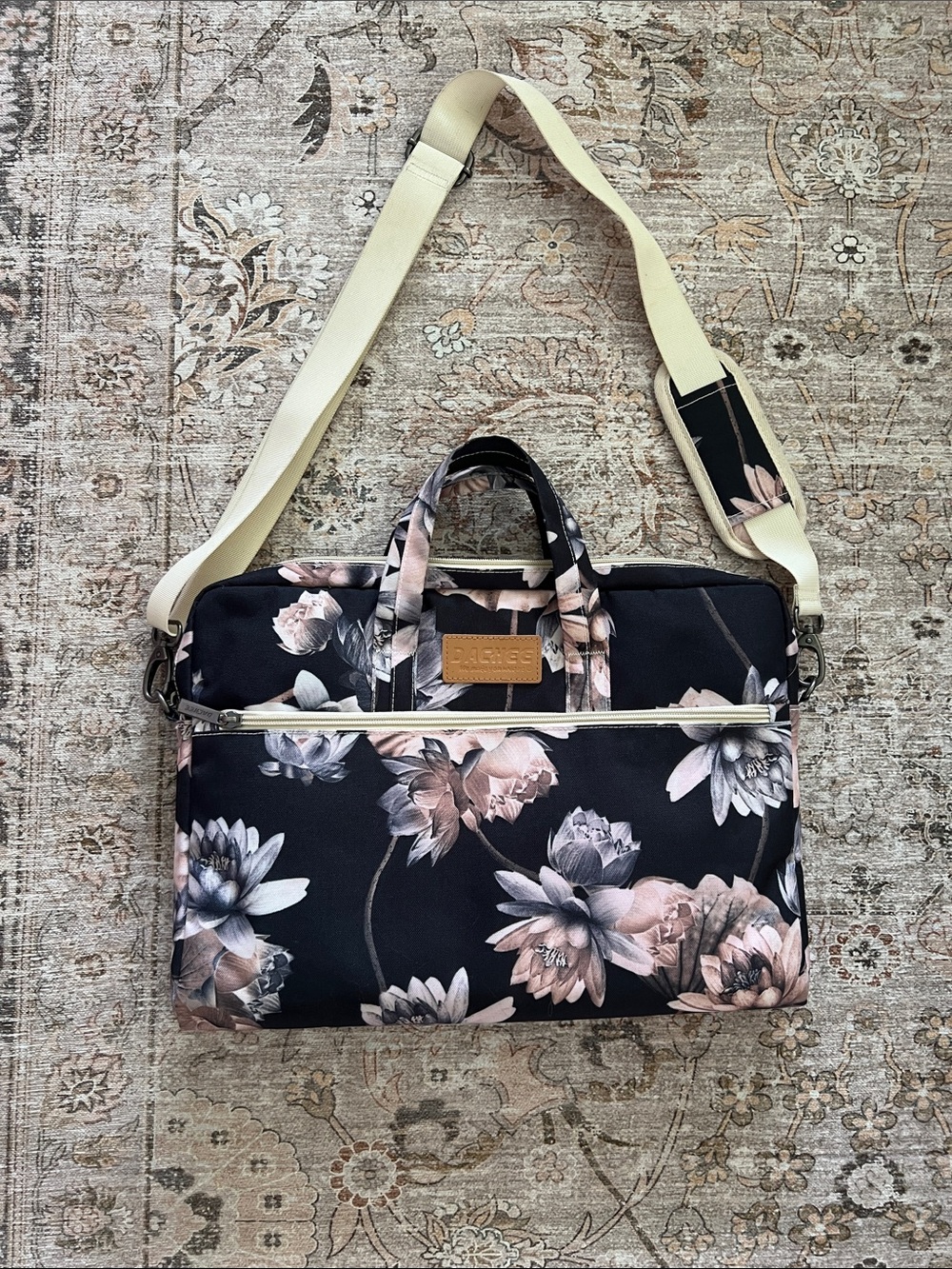 Floral Black Laptop Tote Bag with Cream Strap